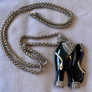 Vintage Elephant Necklace~Lightweight Resin Marcasite Accents 28" Chain